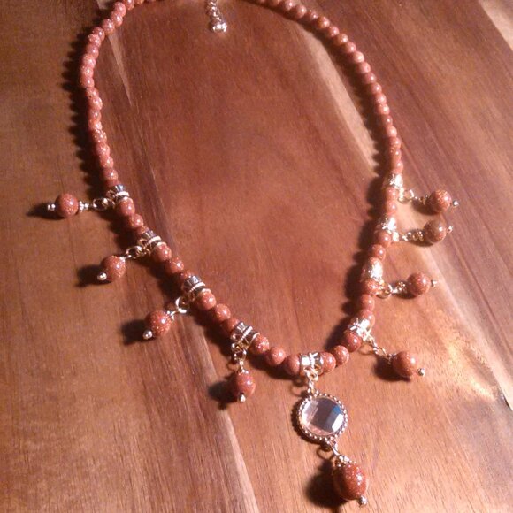 Gold Sandstone and Peach Glass Necklace - Picture 4 of 13